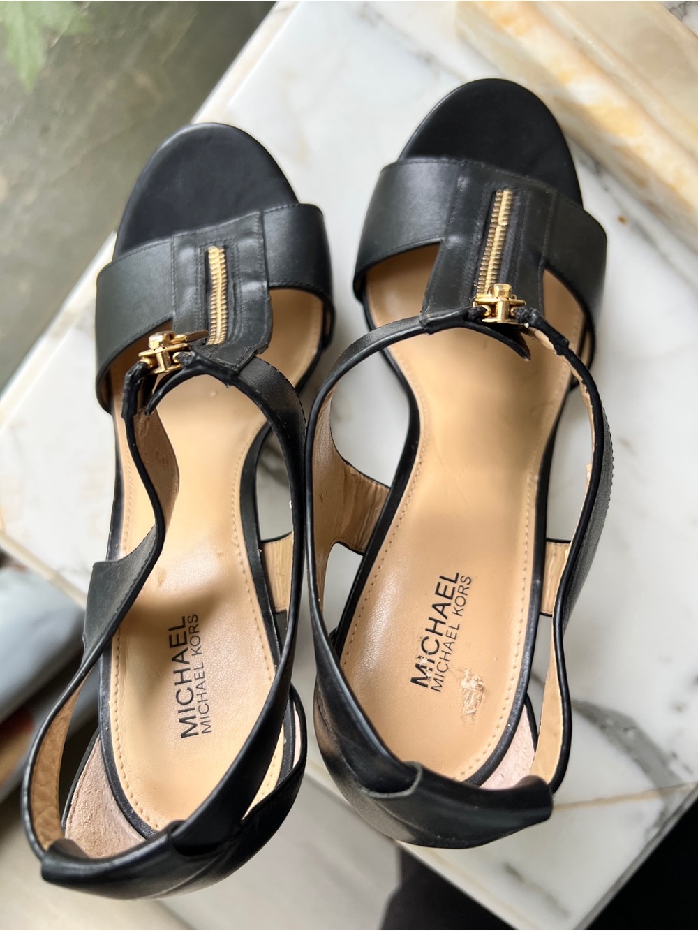 Michael Kors Berkley Black Leather T-Strap Platform Heel with Gold Zipper Size 9 - Picture 8 of 10